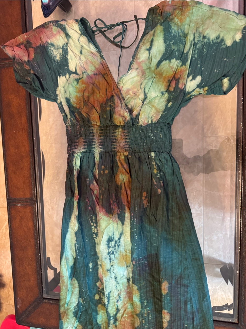 Tie-Dye V-Neck Smocked Waist Mini Dress in Green Multi